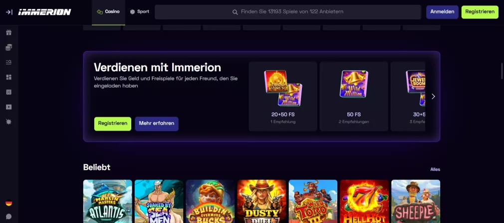Immerion Casino Bonus 250% bis zu 3.397 Euro und Freispiele